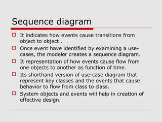 Sequence diagram
 It indicates how events cause transitions from
object to object .
 Once event have identified by examining a use-
cases, the modeler creates a sequence diagram.
 It representation of how events cause flow from
one objects to another as function of time.
 Its shorthand version of use-case diagram that
represent key classes and the events that cause
behavior to flow from class to class.
 System objects and events will help in creation of
effective design.
 