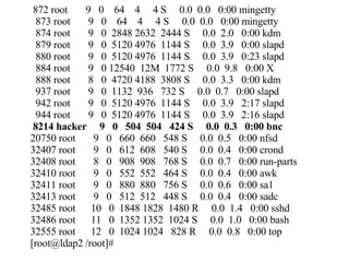 872 root  9  0  64  4  4 S  0.0  0.0  0:00 mingetty 873 root  9  0  64  4  4 S  0.0  0.0  0:00 mingetty 874 root  9  0  2848 2632  2444 S  0.0  2.0  0:00 kdm 879 root  9  0  5120 4976  1144 S  0.0  3.9  0:00 slapd 880 root  9  0  5120 4976  1144 S  0.0  3.9  0:23 slapd 884 root  9  0 12540  12M  1772 S  0.0  9.8  0:00 X 888 root  8  0  4720 4188  3808 S  0.0  3.3  0:00 kdm 937 root  9  0  1132  936  732 S  0.0  0.7  0:00 slapd 942 root  9  0  5120 4976  1144 S  0.0  3.9  2:17 slapd 944 root  9  0  5120 4976  1144 S  0.0  3.9  2:16 slapd 8214 hacker  9  0  504  504  424 S  0.0  0.3  0:00 bnc 20750 root  9  0  660  660  548 S  0.0  0.5  0:00 nfsd 32407 root  9  0  612  608  540 S  0.0  0.4  0:00 crond 32408 root  8  0  908  908  768 S  0.0  0.7  0:00 run-parts 32410 root  9  0  552  552  464 S  0.0  0.4  0:00 awk 32411 root  9  0  880  880  756 S  0.0  0.6  0:00 sa1 32413 root  9  0  512  512  448 S  0.0  0.4  0:00 sadc 32485 root  10  0  1848 1828  1480 R  0.0  1.4  0:00 sshd 32486 root  11  0  1352 1352  1024 S  0.0  1.0  0:00 bash 32555 root  12  0  1024 1024  828 R  0.0  0.8  0:00 top [root@ldap2 /root]# 