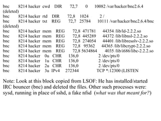 bnc  8214 hacker  cwd  DIR  72,7  0  10082 /var/hacker/bnc2.6.4 (deleted) bnc  8214 hacker  rtd  DIR  72,8  1024  2 / bnc  8214 hacker  txt  REG  72,7  25784  10111 /var/hacker/bnc2.6.4/bnc (deleted) bnc  8214 hacker  mem  REG  72,8  471781  44354 /lib/ld-2.2.2.so bnc  8214 hacker  mem  REG  72,8  445289  44372 /lib/libnsl-2.2.2.so bnc  8214 hacker  mem  REG  72,8  274054  44401 /lib/libresolv-2.2.2.so bnc  8214 hacker  mem  REG  72,8  95362  44365 /lib/libcrypt-2.2.2.so bnc  8214 hacker  mem  REG  72,8 5634864  4035 /lib/i686/libc-2.2.2.so bnc  8214 hacker  0u  CHR  136,0  2 /dev/pts/0 bnc  8214 hacker  1u  CHR  136,0  2 /dev/pts/0 bnc  8214 hacker  2u  CHR  136,0  2 /dev/pts/0 bnc  8214 hacker  3u  IPv4  272344  TCP *:12300 (LISTEN Note: Look at this block copied from LSOF: He has installed/started IRC bouncer (bnc) and deleted the files. Other such processes were: sysd, running in place of sshd, a fake nfsd  ( what was that meant for? ) 