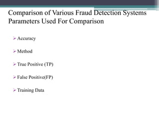 Comparison of Various Fraud Detection Systems
Parameters Used For Comparison
 Accuracy
 Method
 True Positive (TP)
 False Positive(FP)
 Training Data

 