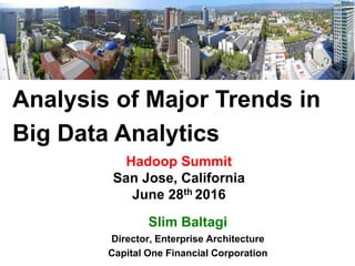 Hadoop Summit
San Jose, California
June 28th 2016
Analysis of Major Trends in
Big Data Analytics
Slim Baltagi
Director, Enterprise Architecture
Capital One Financial Corporation
 
