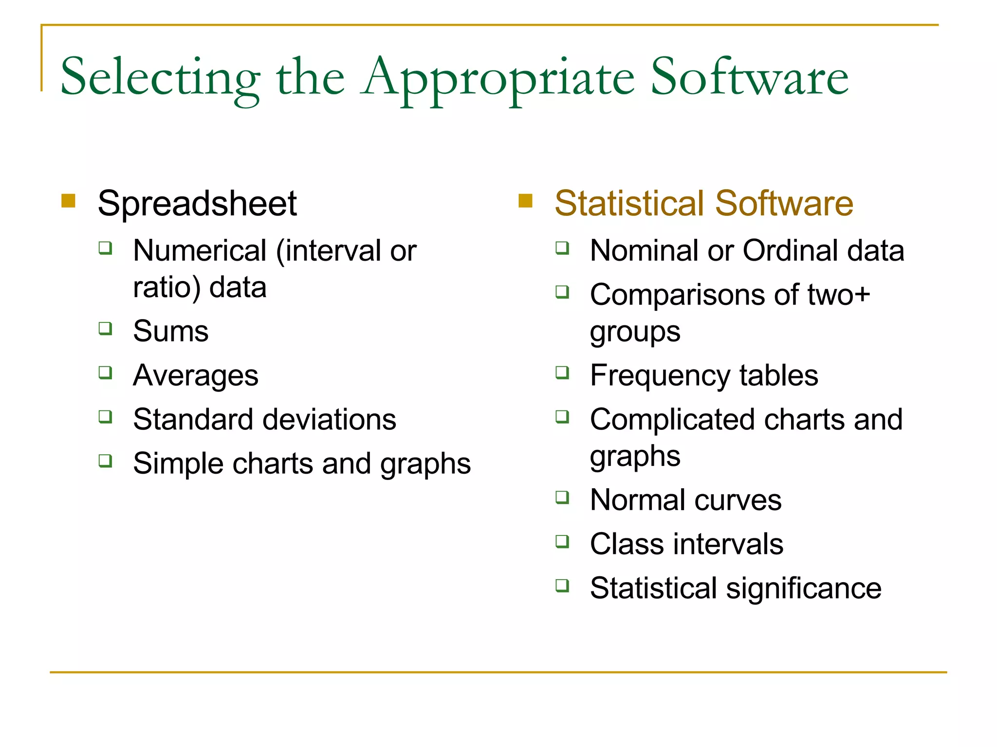Selecting the Appropriate Software Spreadsheet  Numerical (interval or ratio) data Sums Averages Standard deviations Simple charts and graphs Statistical Software Nominal or Ordinal data Comparisons of two+ groups Frequency tables Complicated charts and graphs Normal curves Class intervals Statistical significance 