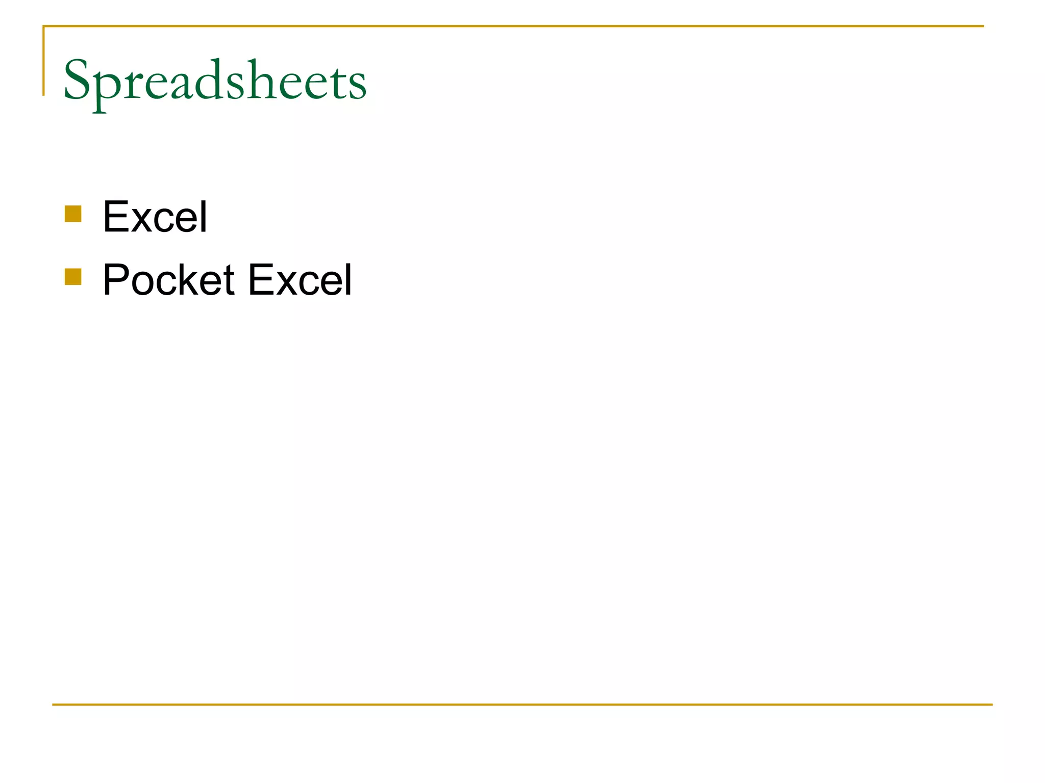 Spreadsheets Excel Pocket Excel 
