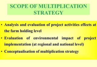 SCOPE OF MULTIPLICATION 
STRATEGY 
• Analysis and evaluation of project activities effects at 
the farm holding level 
• Evaluation of environmental impact of project 
implementation (at regional and national level) 
• Conceptualisation of multiplication strategy 
 