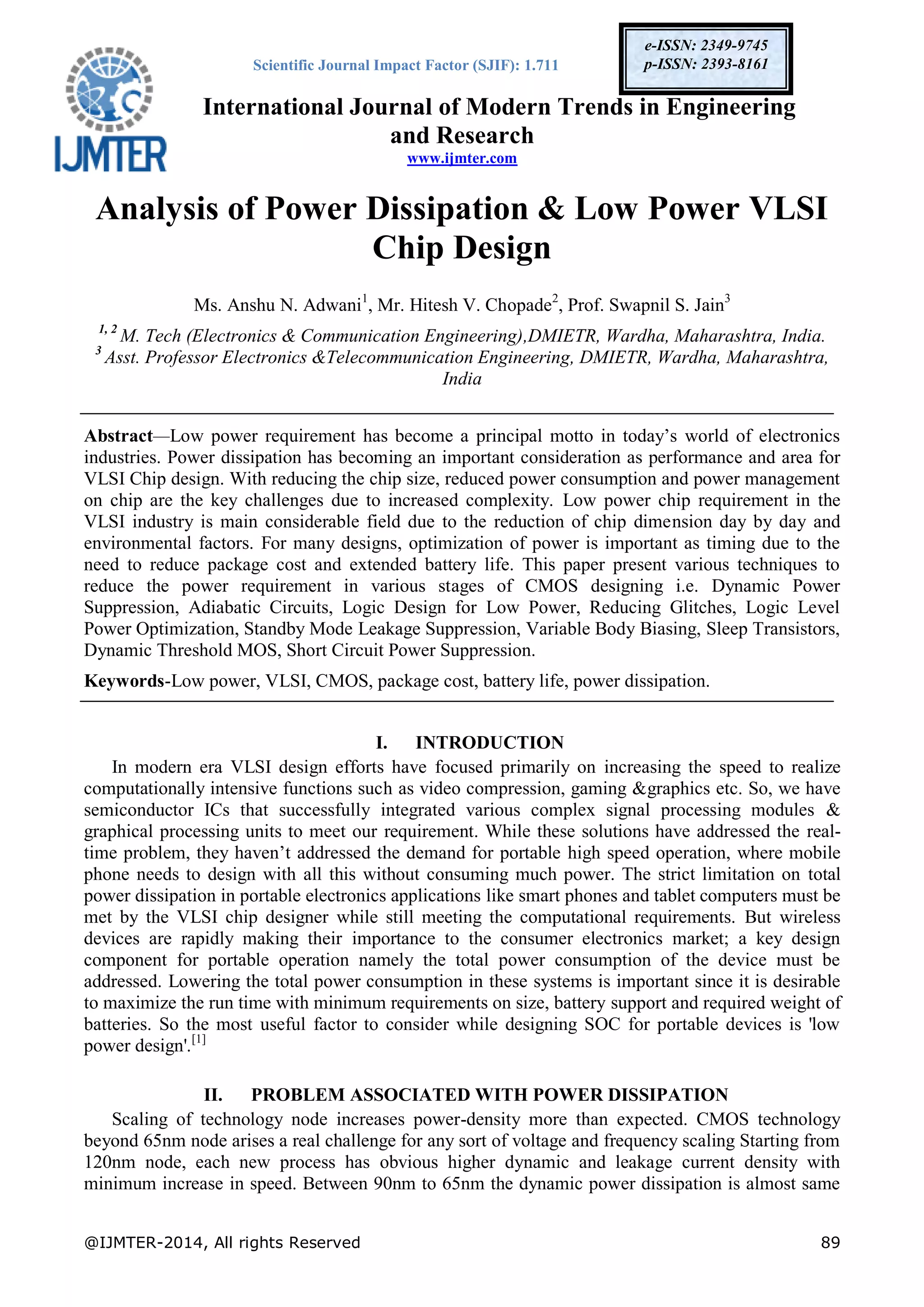 Analysis of Power Dissipation & Low Power VLSI Chip Design | PDF