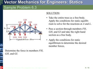 © 2010 The McGraw-Hill Companies, Inc. All rights reserved.
Vector Mechanics for Engineers: Statics
Ninth
Edition
Sample Problem 6.3
6 - 18
Determine the force in members FH,
GH, and GI.
SOLUTION:
• Take the entire truss as a free body.
Apply the conditions for static equilib-
rium to solve for the reactions at A and L.
• Pass a section through members FH,
GH, and GI and take the right-hand
section as a free body.
• Apply the conditions for static
equilibrium to determine the desired
member forces.
 