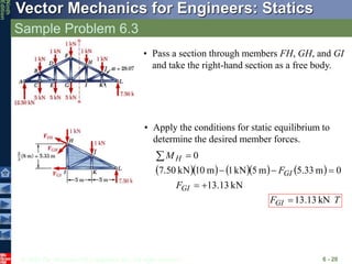 © 2010 The McGraw-Hill Companies, Inc. All rights reserved.
Vector Mechanics for Engineers: Statics
Ninth
Edition
Sample Problem 6.3
6 - 20
• Pass a section through members FH, GH, and GI
and take the right-hand section as a free body.
       
kN
13
.
13
0
m
33
.
5
m
5
kN
1
m
10
kN
7.50
0







GI
GI
H
F
F
M
• Apply the conditions for static equilibrium to
determine the desired member forces.
T
FGI kN
13
.
13

 