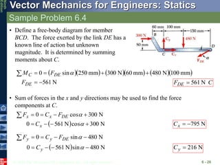 © 2010 The McGraw-Hill Companies, Inc. All rights reserved.
Vector Mechanics for Engineers: Statics
Ninth
Edition
Sample Problem 6.4
6 - 26
• Define a free-body diagram for member
BCD. The force exerted by the link DE has a
known line of action but unknown
magnitude. It is determined by summing
moments about C.
        
N
561
mm
100
N
480
mm
0
6
N
300
mm
250
sin
0







DE
DE
C
F
F
M 
C
FDE N
561

• Sum of forces in the x and y directions may be used to find the force
components at C.
  N
300
cos
N
561
0
N
300
cos
0











x
DE
x
x
C
F
C
F
N
795


x
C
  N
480
sin
N
561
0
N
480
sin
0











y
DE
y
y
C
F
C
F
N
216

y
C
 