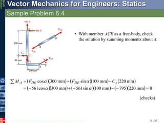 © 2010 The McGraw-Hill Companies, Inc. All rights reserved.
Vector Mechanics for Engineers: Statics
Ninth
Edition
Sample Problem 6.4
6 - 27
• With member ACE as a free-body, check
the solution by summing moments about A.
       
         0
mm
220
795
mm
100
sin
561
mm
300
cos
561
mm
220
mm
100
sin
mm
300
cos














 x
DE
DE
A C
F
F
M
(checks)
 