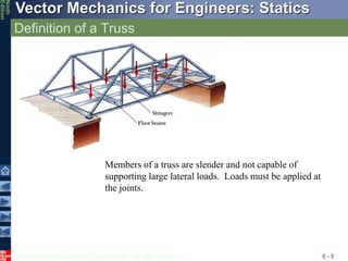 © 2010 The McGraw-Hill Companies, Inc. All rights reserved.
Vector Mechanics for Engineers: Statics
Ninth
Edition
Definition of a Truss
6 - 5
Members of a truss are slender and not capable of
supporting large lateral loads. Loads must be applied at
the joints.
 