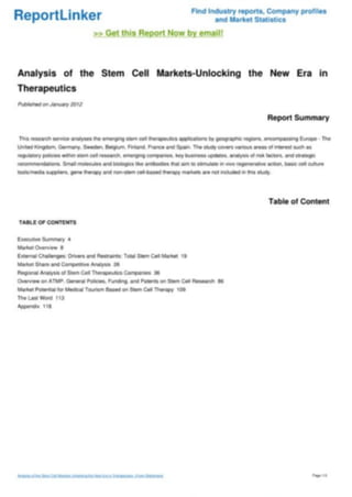 Analysis of the Stem Cell Markets-Unlocking the New Era in Therapeutics