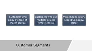 Customer Segments
Customers who
enjoy the free-of-
charge service
Customers who use
multiple devices
(remote control)
Music Cooperation/
Record Company/
Talent
 