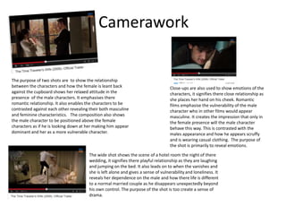 Camerawork
The purpose of two shots are to show the relationship
between the characters and how the female is leant back
against the cupboard shows her relaxed attitude in the
presence of the male characters. It emphasises there
romantic relationship. It also enables the characters to be
contrasted against each other revealing their both masculine
and feminine characteristics. The composition also shows
the male character to be positioned above the female
characters as if he is looking down at her making him appear
dominant and her as a more vulnerable character.
Close-ups are also used to show emotions of the
characters, it signifies there close relationship as
she places her hand on his cheek. Romantic
films emphasise the vulnerability of the male
character who in other films would appear
masculine. It creates the impression that only in
the female presence will the male character
behave this way. This is contrasted with the
males appearance and how he appears scruffy
and is wearing casual clothing. The purpose of
the shot is primarily to reveal emotions.
The wide shot shows the scene of a hotel room the night of there
wedding, it signifies there playful relationship as they are laughing
and jumping on the bed. It also leads on to when the vanishes and
she is left alone and gives a sense of vulnerability and loneliness. It
reveals her dependence on the male and how there life is different
to a normal married couple as he disappears unexpectedly beyond
his own control. The purpose of the shot is too create a sense of
drama.
 
