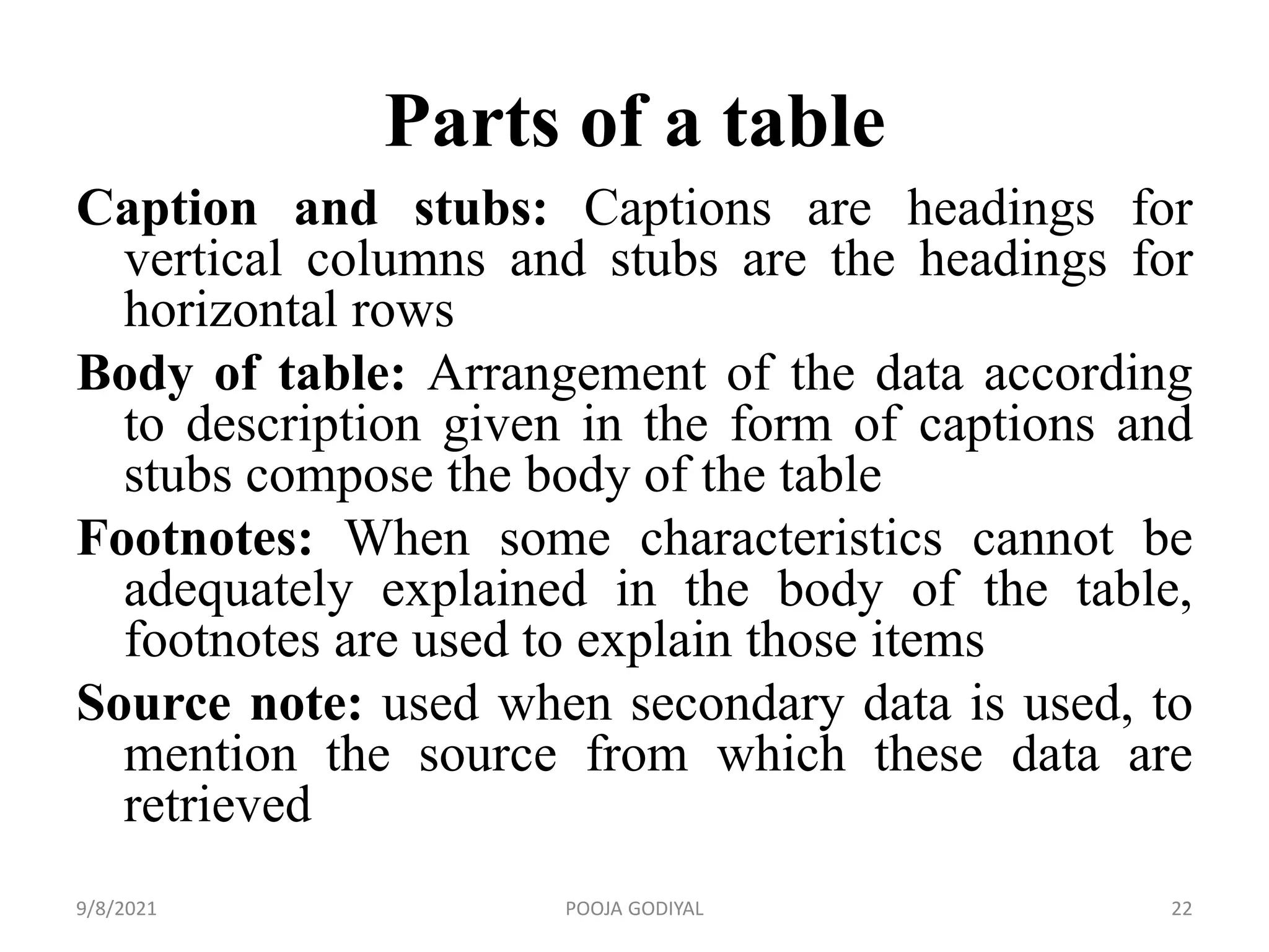 Parts of a table
Caption and stubs: Captions are headings for
vertical columns and stubs are the headings for
horizontal rows
Body of table: Arrangement of the data according
to description given in the form of captions and
stubs compose the body of the table
Footnotes: When some characteristics cannot be
adequately explained in the body of the table,
footnotes are used to explain those items
Source note: used when secondary data is used, to
mention the source from which these data are
retrieved
9/8/2021 22
POOJA GODIYAL
 