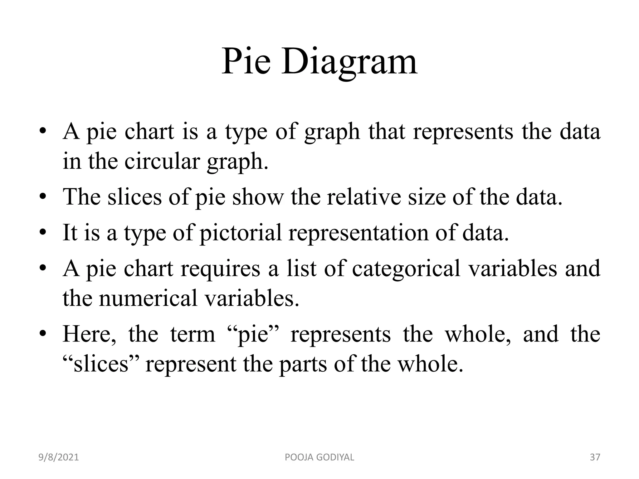 Pie Diagram
• A pie chart is a type of graph that represents the data
in the circular graph.
• The slices of pie show the relative size of the data.
• It is a type of pictorial representation of data.
• A pie chart requires a list of categorical variables and
the numerical variables.
• Here, the term “pie” represents the whole, and the
“slices” represent the parts of the whole.
9/8/2021 37
POOJA GODIYAL
 