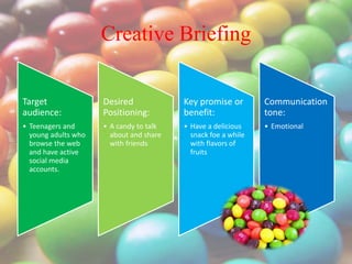 Creative Briefing
Target
audience:
• Teenagers and
young adults who
browse the web
and have active
social media
accounts.
Desired
Positioning:
• A candy to talk
about and share
with friends
Key promise or
benefit:
• Have a delicious
snack foe a while
with flavors of
fruits
Communication
tone:
• Emotional
 