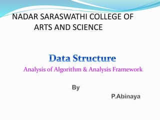 NADAR SARASWATHI COLLEGE OF
ARTS AND SCIENCE
Analysis of Algorithm & Analysis Framework
 