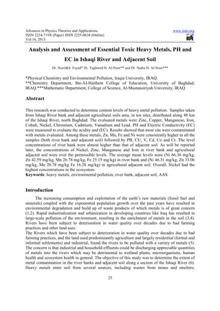 Advances in Physics Theories and Applications                                              www.iiste.org
ISSN 2224-719X (Paper) ISSN 2225-0638 (Online)
Vol.16, 2013

 Analysis and Assessment of Essential Toxic Heavy Metals, PH and
                      EC in Ishaqi River and Adjacent Soil
               Dr. NooriKh. Fayad* Dr. Taghreed H. Al-Noor** and Dr. Nadia H. Al-Noor***

*Physical Chemistry and Environmental Pollution, Iraqia University, IRAQ.
**Chemistry Department, Ibn-AI-Haithem College of Education, University of Baghdad,
IRAQ.***Mathematic Department, College of Science, Al-Mustansiriyah University, IRAQ

Abstract

This research was conducted to determine content levels of heavy metal pollution. Samples taken
from Ishaqi River bank and adjacent agricultural soils area, in ten sites, distributed along 48 km
of the Ishaqi River, north Baghdad. The evaluated metals were Zinc, Copper, Manganese, Iron,
Cobalt, Nickel, Chromium, Cadmium, Vanadium and Lead. PH and Electric Conductivity (EC)
were measured to evaluate the acidity and (EC). Results showed that most site were contaminated
with metals evaluated. Among these metals, Zn, Mn, Fe and Ni were consistently higher in all the
samples (both river bank and adjacent soil) followed by PB, CU, V, Cd, Co and Cr. The level
concentrations of river bank were almost higher than that of adjacent soil. As will be reported
later, the concentrations of Nickel, Zinc, Manganese and Iron in river bank and agricultural
adjacent soil were over the permissible levels. The average mean levels were (Ni 66.36 mg/kg,
Zn 42.59 mg/kg, Mn 26.78 mg/kg, Fe 25.15 mg/kg) in river bank and (Ni 46.31 mg/kg, Zn 33.06
mg/kg, Mn 20.78 mg/kg Fe 16.28 mg/kg) in agricultural adjacent soil. Overall, Nickel had the
highest concentrations in the ecosystem.
Keywords: heavy metals, environmental pollution, river bank, adjacent soil, AAS.


Introduction
      The increasing consumption and exploitation of the earth’s raw materials (fossil fuel and
minerals) coupled with the exponential population growth over the past years have resulted in
environmental degradation and build up of waste products of which metals is of great concern
(1,2). Rapid industrialization and urbanization in developing countries like Iraq has resulted in
large-scale pollution of the environment, resulting in the enrichment of metals in the soil (3,4).
Rivers have been subject to deterioration in water quality over decades due to bad farming
practices and other land uses.
The Rivers which have been subject to deterioration in water quality over decades due to bad
farming practices, and the land used predominantly agriculture and largely residential (formal and
informal settlements) and industrial, found the rivers to be polluted with a variety of metals (5).
The concern is that industrial and household effluents could be discharging appreciable quantities
of metals into the rivers which may be detrimental to wetland plants, microorganisms, human
health and ecosystem health in general. The objective of this study was to determine the extent of
metal contamination in the river banks and adjacent soil along a section of the Ishaqi River (6).
Heavy metals enter soil from several sources, including wastes from mines and smelters,

                                                  25
 