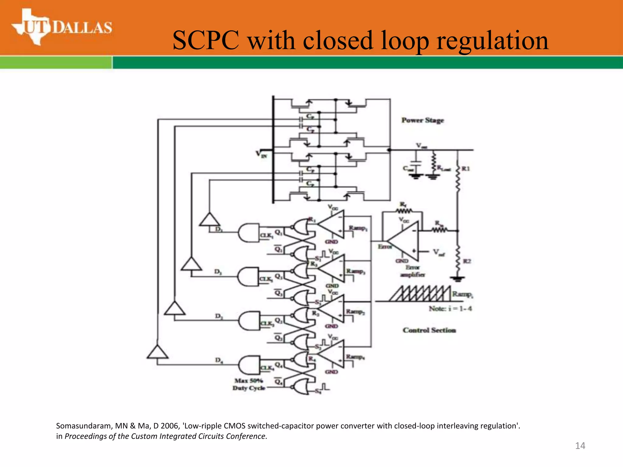 SCPC with closed loop regulation
14
Somasundaram, MN & Ma, D 2006, 'Low-ripple CMOS switched-capacitor power converter with closed-loop interleaving regulation'.
in Proceedings of the Custom Integrated Circuits Conference.
 