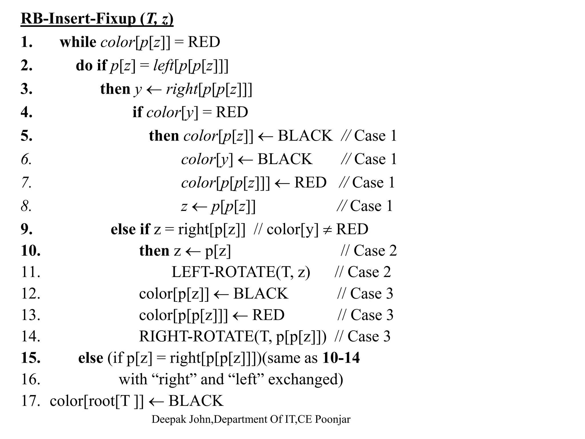 11 147 y 2 158z 1 5 4 z.Parent.Color = black 4 z.Parent.Parent.Color = red Right-Rotate(T, z.Parent.Parent) 