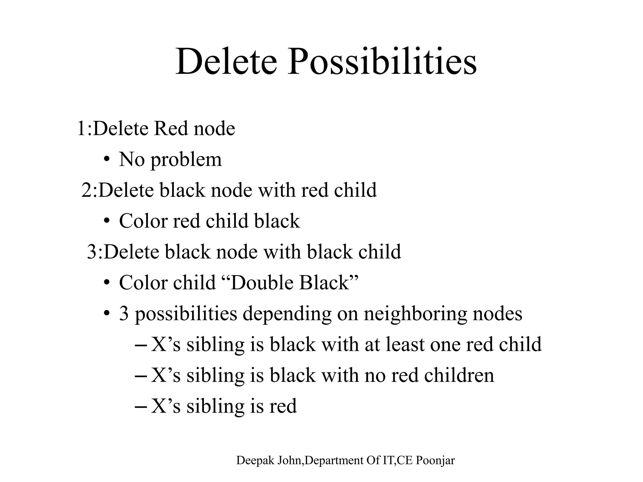 Deletion • Find • Swap – Moves entry to node with one external node (left) • Remove entry • Reattach right child 