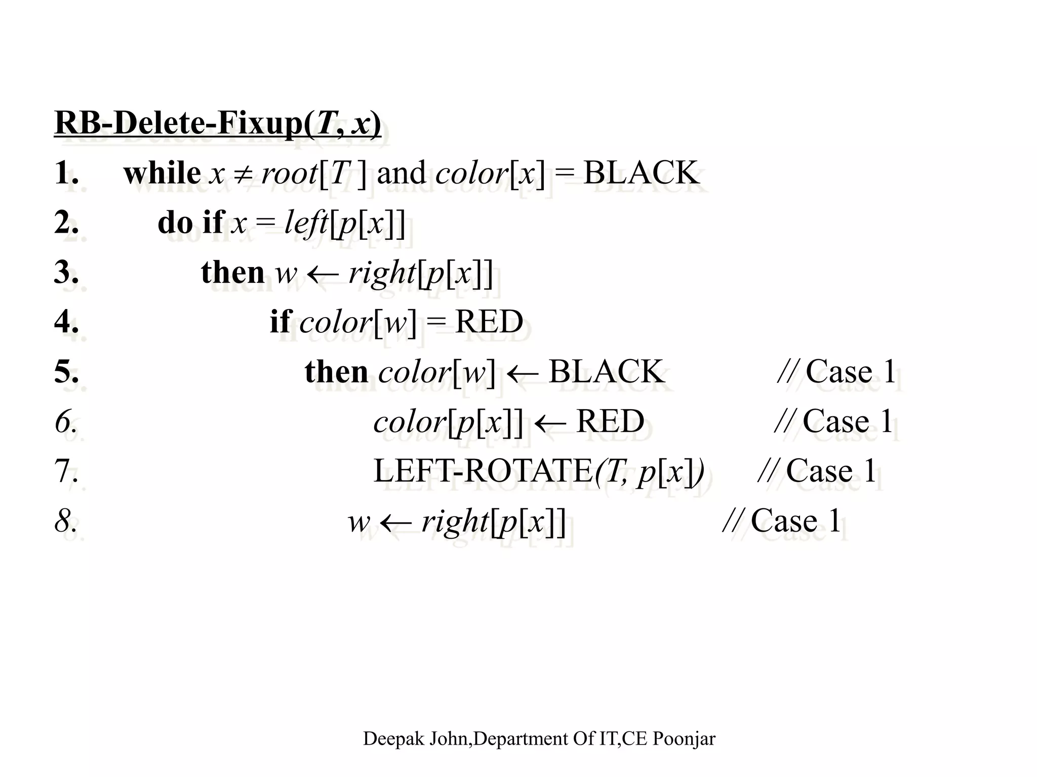 Case 3 – w is black, w’s left child is red, w’s right child is blackw s right child is black B x w B c c A D   x w A C D  new wx C E      D    E •Make w red and w’s left child black.  Make w red and w s left child black. •Then right rotate on w. •New sibling w of x is black with a red right child  case 4. Deepak John,Department Of IT,CE Poonjar 