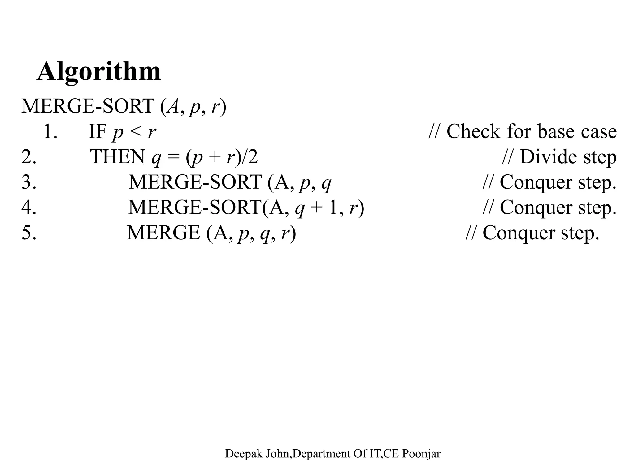 W tWorst case • Data is sorted already Recursion:– Recursion: 1. Partition splits array in two sub-arrays: • one sub-array of size 0 • the other sub-array of size n-1 2. Quick sort each sub-array Rec rring on the length n 1 part req ires rec rring to depth n 1Recurring on the length n-1 part requires recurring to depth n-1 • recursion is O(n) levels deep (for an array of size n). • the partitioning work done at each level is O(n)the partitioning work done at each level is O(n). • O(n) * O(n) = O(n2) Worst case running time: O(n2) 