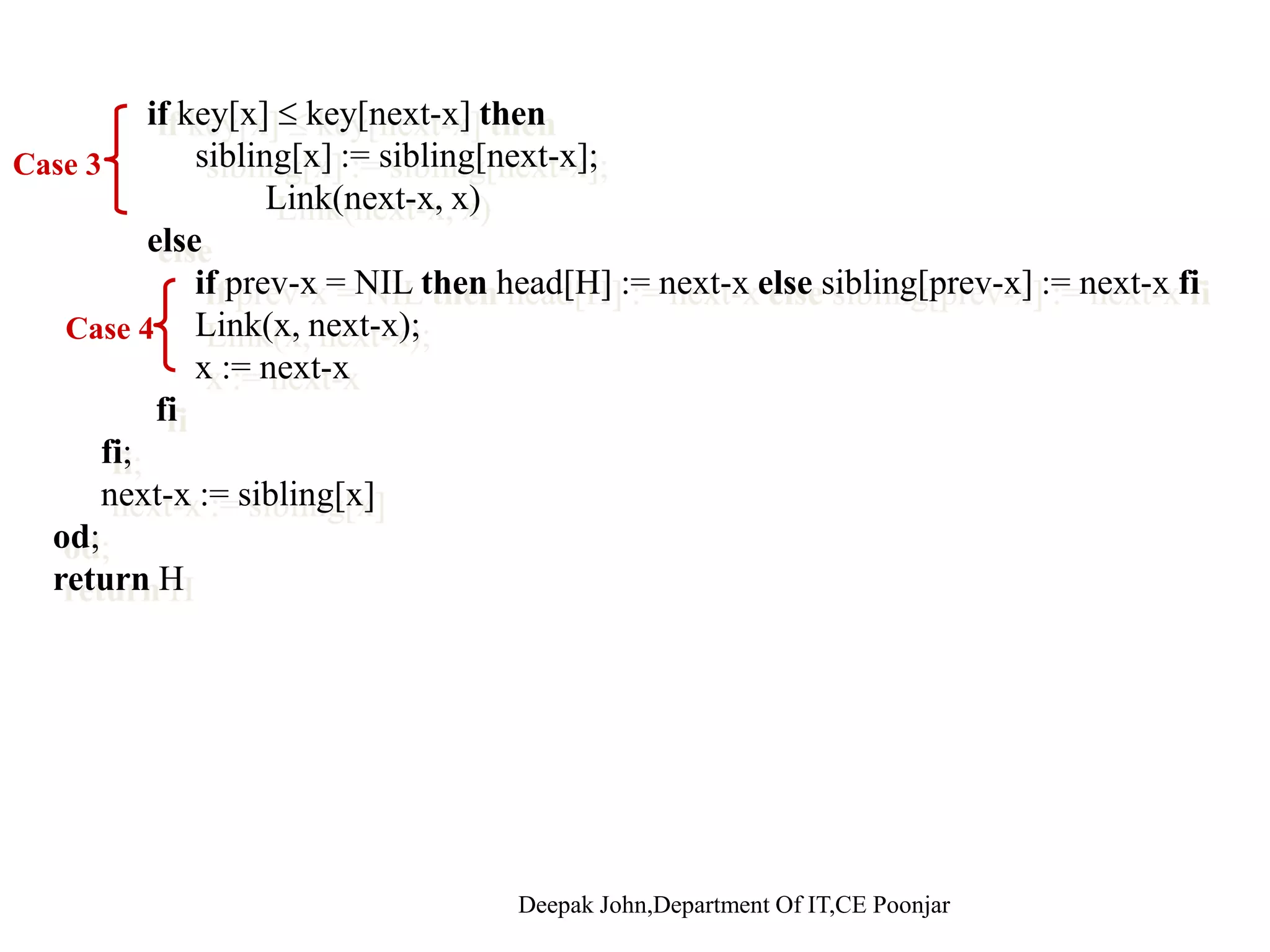 Cases prev-x x next-x sibling[next-x] prev-x x next-x a b c d p g[ ] Bk Bl Case 1 a b c d p x next-x Bk Bl Case 1:occurs when degree[x] ≠ degree[next-x], that is, when x is the root of a Bk-tree and next-x is the root of a Bl-tree for some l > k.k l prev-x x next-x sibling[next-x] prev-x x next-x a b c d p g[ ] BB Case 2 a b c d prev x x BBBBkBk Bk BkBkBk Case 2: occurs when x is the first of three roots of equal degree, that is when Deepak John,Department Of IT,CE Poonjar is, when degree[x] = degree[next-x] = degree[sibling[next-x]]. 