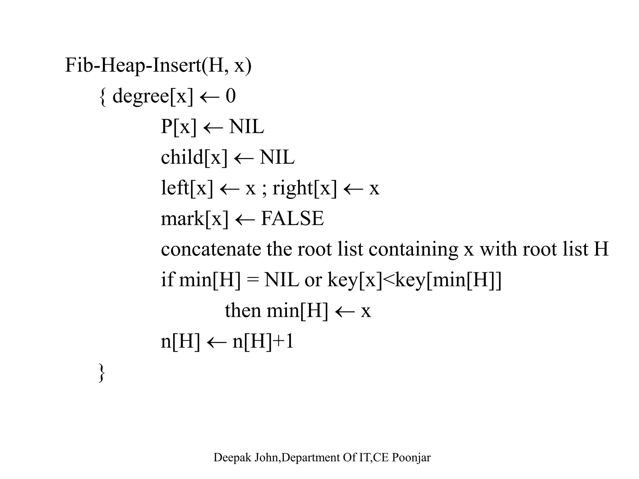 Fibonacci Heap Operationsp p Create InsertInsert Find-Min UnionU o Delete Delete-Min •Make-Fib-Heap(H): Allocate and return the Fibonacci heap object H with n[H]=0 and min[H]=nil, t(H)=0 , m(H)=0 so  (H)=0 The cost of Make-Fib-Heap is O(1)The cost of Make-Fib-Heap is O(1). Deepak John,Department Of IT,CE Poonjar 