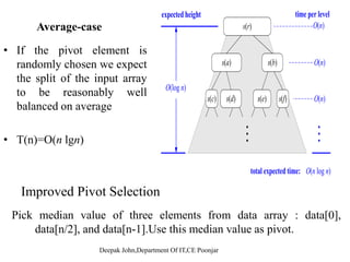 Analysisy
The running time of quick sort depends on whether the partitioning is
b l d t A th t k d if lbalanced or not. Assume that keys are random, uniformly
distributed.
Best caseBest case
Recursion:
1. Partition splits array in two sub-arrays of size n/2
2. Quicksort each sub-array
the depth of the recursion is log2n
At each level of the recursion, the work done in all the partitions at
that level is =O(n)
O(log n) * O(n) = O(n log n)O(log2n) O(n) O(n log2n)
Best case running time: O(n log2n)
Deepak John,Department Of IT,CE Poonjar
 