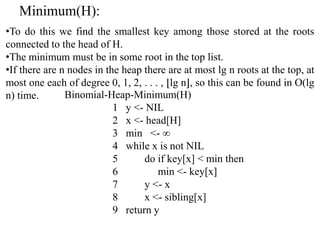 Binomial Heap Implementation
a) c)key
p
2
0
NIL
h d[H]
1
2
NIL
)key
degree
child sibling
NILhead[H] NIL
1210
b)
2
12
0
NIL NIL
head[H] 1
1210
10
1
15
15
0
NIL NIL
 