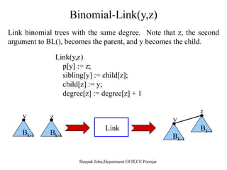 Make-Heap():p()
•Make an empty binomial heap. Creating all of the pointers can be
done in O(1) time.
Th ti i l t i t d t it t NILThe operation simply creates a new pointer and sets it to NIL.
Binomial-Heap-Create()
1 head[H] <- NIL
2 return head[H]
 
