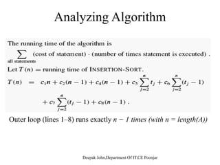 Analyzing Algorithmy g g
O t l (li 1 8) tl 1 ti ( ith l th(A))Outer loop (lines 1–8) runs exactly n − 1 times (with n = length(A))
 