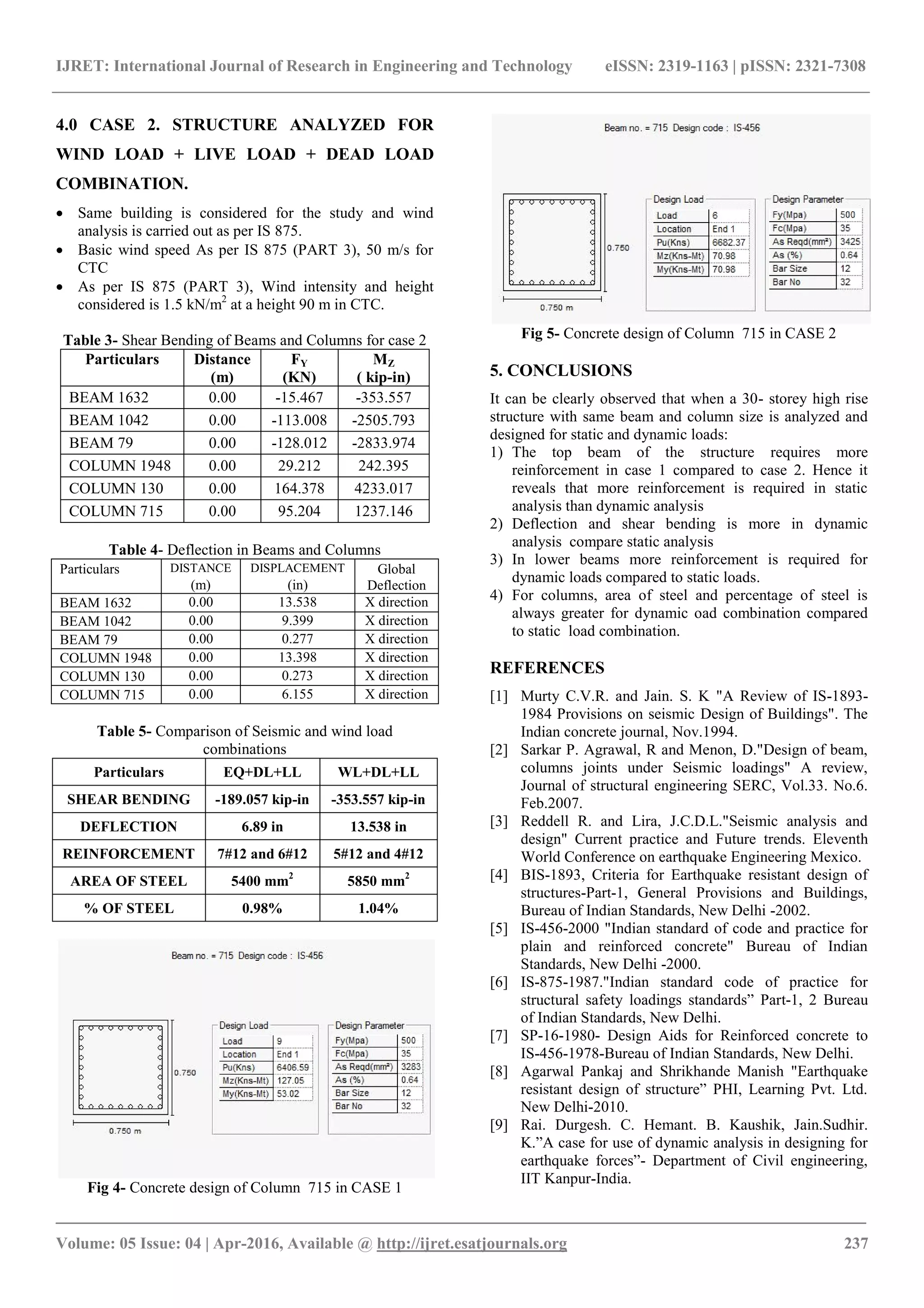 IJRET: International Journal of Research in Engineering and Technology eISSN: 2319-1163 | pISSN: 2321-7308
_______________________________________________________________________________________
Volume: 05 Issue: 04 | Apr-2016, Available @ http://ijret.esatjournals.org 237
4.0 CASE 2. STRUCTURE ANALYZED FOR
WIND LOAD + LIVE LOAD + DEAD LOAD
COMBINATION.
 Same building is considered for the study and wind
analysis is carried out as per IS 875.
 Basic wind speed As per IS 875 (PART 3), 50 m/s for
CTC
 As per IS 875 (PART 3), Wind intensity and height
considered is 1.5 kN/m2
at a height 90 m in CTC.
Table 3- Shear Bending of Beams and Columns for case 2
Particulars Distance
(m)
FY
(KN)
MZ
( kip-in)
BEAM 1632 0.00 -15.467 -353.557
BEAM 1042 0.00 -113.008 -2505.793
BEAM 79 0.00 -128.012 -2833.974
COLUMN 1948 0.00 29.212 242.395
COLUMN 130 0.00 164.378 4233.017
COLUMN 715 0.00 95.204 1237.146
Table 4- Deflection in Beams and Columns
Particulars DISTANCE
(m)
DISPLACEMENT
(in)
Global
Deflection
BEAM 1632 0.00 13.538 X direction
BEAM 1042 0.00 9.399 X direction
BEAM 79 0.00 0.277 X direction
COLUMN 1948 0.00 13.398 X direction
COLUMN 130 0.00 0.273 X direction
COLUMN 715 0.00 6.155 X direction
Table 5- Comparison of Seismic and wind load
combinations
Particulars EQ+DL+LL WL+DL+LL
SHEAR BENDING -189.057 kip-in -353.557 kip-in
DEFLECTION 6.89 in 13.538 in
REINFORCEMENT 7#12 and 6#12 5#12 and 4#12
AREA OF STEEL 5400 mm2
5850 mm2
% OF STEEL 0.98% 1.04%
Fig 4- Concrete design of Column 715 in CASE 1
Fig 5- Concrete design of Column 715 in CASE 2
5. CONCLUSIONS
It can be clearly observed that when a 30- storey high rise
structure with same beam and column size is analyzed and
designed for static and dynamic loads:
1) The top beam of the structure requires more
reinforcement in case 1 compared to case 2. Hence it
reveals that more reinforcement is required in static
analysis than dynamic analysis
2) Deflection and shear bending is more in dynamic
analysis compare static analysis
3) In lower beams more reinforcement is required for
dynamic loads compared to static loads.
4) For columns, area of steel and percentage of steel is
always greater for dynamic oad combination compared
to static load combination.
REFERENCES
[1] Murty C.V.R. and Jain. S. K "A Review of IS-1893-
1984 Provisions on seismic Design of Buildings". The
Indian concrete journal, Nov.1994.
[2] Sarkar P. Agrawal, R and Menon, D."Design of beam,
columns joints under Seismic loadings" A review,
Journal of structural engineering SERC, Vol.33. No.6.
Feb.2007.
[3] Reddell R. and Lira, J.C.D.L."Seismic analysis and
design" Current practice and Future trends. Eleventh
World Conference on earthquake Engineering Mexico.
[4] BIS-1893, Criteria for Earthquake resistant design of
structures-Part-1, General Provisions and Buildings,
Bureau of Indian Standards, New Delhi -2002.
[5] IS-456-2000 "Indian standard of code and practice for
plain and reinforced concrete" Bureau of Indian
Standards, New Delhi -2000.
[6] IS-875-1987."Indian standard code of practice for
structural safety loadings standards” Part-1, 2 Bureau
of Indian Standards, New Delhi.
[7] SP-16-1980- Design Aids for Reinforced concrete to
IS-456-1978-Bureau of Indian Standards, New Delhi.
[8] Agarwal Pankaj and Shrikhande Manish "Earthquake
resistant design of structure” PHI, Learning Pvt. Ltd.
New Delhi-2010.
[9] Rai. Durgesh. C. Hemant. B. Kaushik, Jain.Sudhir.
K.”A case for use of dynamic analysis in designing for
earthquake forces”- Department of Civil engineering,
IIT Kanpur-India.
 
