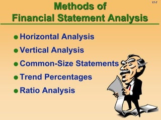 17-7
 Horizontal Analysis
 Vertical Analysis
 Common-Size Statements
 Trend Percentages
 Ratio Analysis
Methods of
Financial Statement Analysis
 