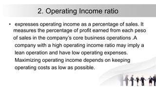 2. Operating Income ratio
• expresses operating income as a percentage of sales. It
measures the percentage of profit earned from each peso
of sales in the company’s core business operations .A
company with a high operating income ratio may imply a
lean operation and have low operating expenses.
Maximizing operating income depends on keeping
operating costs as low as possible.
 