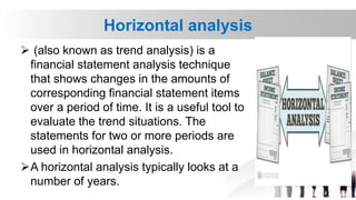 Horizontal analysis
 (also known as trend analysis) is a
financial statement analysis technique
that shows changes in the amounts of
corresponding financial statement items
over a period of time. It is a useful tool to
evaluate the trend situations. The
statements for two or more periods are
used in horizontal analysis.
A horizontal analysis typically looks at a
number of years.
 
