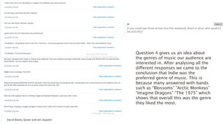 Question 4 gives us an idea about
the genres of music our audience are
interested in. After analysing all the
different responses we came to the
conclusion that Indie was the
preferred genre of music. This is
because many answered with bands
such as “Blossoms” “Arctic Monkeys”
“Imagine Dragons” “The 1975” which
shows that overall this was the genre
they liked the most.
 