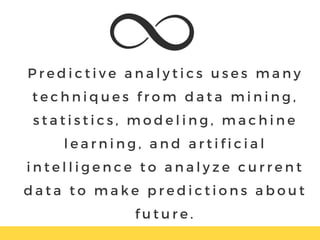 P r e d i c t i v e a n a l y t i c s u s e s m a n y
t e c h n i q u e s f r o m d a t a m i n i n g ,
s t a t i s t i c s , m o d e l i n g , m a c h i n e
l e a r n i n g , a n d a r t i f i c i a l
i n t e l l i g e n c e t o a n a l y z e c u r r e n t
d a t a t o m a k e p r e d i c t i o n s a b o u t
f u t u r e .
 