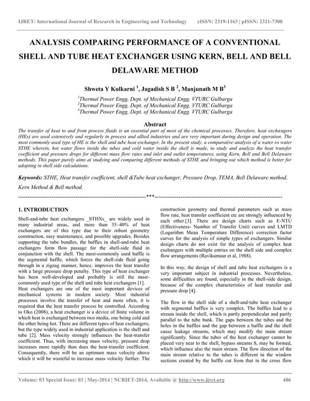 Analysis comparing performance of a conventional shell and tube heat