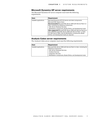 C H A PT E R       1      S Y S T E M     R E Q U I R E M E N T S



Microsoft Dynamics GP server requirements
The Microsoft Dynamics GP server computer must meet the following
requirements.

Item                        Requirement
Installed applications      Microsoft Dynamics GP 10.0 server and client components
                            Microsoft SQL Native Client
                            Recommended Microsoft SQL Server 2005 with Service Pack 2 or
                            later, including the following components:
                            - SQL Server Database Services
                            - Workstation components, Books Online, and development tools
                            Also supported Microsoft SQL Server 2000 with Service Pack 3a or
                            later AND Microsoft SQL Server 2005 with Service Pack 1 or later.
                            For SQL Server 2005, only the Workstation components, Books
                            Online, and development tools are required.


Analysis Cubes server requirements
The Analysis Cubes server computer must meet the following requirements.

Item                        Requirement
Installed applications      Microsoft SQL Server 2005 with Service Pack 2 or later, including the
                            following components:
                            - SQL Server Database Services
                            - Analysis Services
                            - Integration Services
                            - Workstation components, Books Online, and development tools




  ANALYSIS               CUBES   (MICROSOFT              SQL     SERVER         2005)           7
 