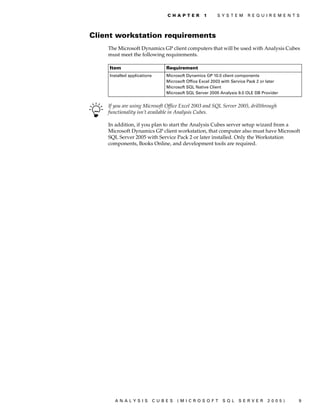 C H A PT E R      1      S Y S T E M    R E Q U I R E M E N T S




Client workstation requirements
    The Microsoft Dynamics GP client computers that will be used with Analysis Cubes
    must meet the following requirements.

    Item                        Requirement
    Installed applications      Microsoft Dynamics GP 10.0 client components
                                Microsoft Office Excel 2003 with Service Pack 2 or later
                                Microsoft SQL Native Client
                                Microsoft SQL Server 2005 Analysis 9.0 OLE DB Provider


    If you are using Microsoft Office Excel 2003 and SQL Server 2005, drillthrough
    functionality isn’t available in Analysis Cubes.

    In addition, if you plan to start the Analysis Cubes server setup wizard from a
    Microsoft Dynamics GP client workstation, that computer also must have Microsoft
    SQL Server 2005 with Service Pack 2 or later installed. Only the Workstation
    components, Books Online, and development tools are required.




       ANALYSIS              CUBES   (MICROSOFT             SQL     SERVER        2005)       9
 