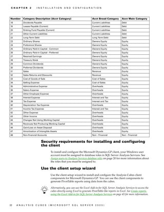 C H A P T E R    2     I N S T A L L A T I O N    A N D   C O N F I G U R A T I O N




Number    Category Description (Acct Category)                               Acct Broad Category         Acct Main Category
18        Dividends Payable                                                  Current Liabilities         Debt
19        Leases Payable (Current)                                           Current Liabilities         Debt
20        Sinking Fund Payable (Current)                                     Current Liabilities         Debt
21        Other Current Liabilities                                          Current Liabilities         Debt
22        Long-Term Debt                                                     Long Term Debt              Debt
23        Ordinary Shares                                                    Owners Equity               Equity
24        Preference Shares                                                  Owners Equity               Equity
25        Ordinary Paid-in Capital - Common                                  Owners Equity               Equity
26        Ordinary Paid-in Capital - Preferred                               Owners Equity               Equity
27        Retained Earnings                                                  Owners Equity               Equity
28        Treasury Stock                                                     Owners Equity               Equity
29        Common Dividends                                                   Owners Equity               Equity
30        Preferred Dividends                                                Owners Equity               Equity
31        Sales                                                              Revenue                     Equity
32        Sales Returns and Discounts                                        Revenue                     Equity
33        Cost of Goods of Sale                                              Cost of Sales               Equity
34        Selling Expense                                                    Cost of Sales               Equity
35        Administrative Expense                                             Overheads                   Equity
36        Salary Expense                                                     Overheads                   Equity
37        Other Employee Expense                                             Overheads                   Equity
38        Interest Expense                                                   Interest and Tax            Equity
39        Tax Expense                                                        Interest and Tax            Equity
40        Depreciation Tax Expense                                           Overheads                   Equity
41        Income Tax Expense                                                 Interest and Tax            Equity
42        Other Expense                                                      Overheads                   Equity
43        Other Income                                                       Overheads                   Equity
44        Changes Not Using Working Capital                                  Overheads                   Equity
45        Revenues Not Producing Working Capital                             Overheads                   Equity
46        Gain/Loss on Asset Disposal                                        Overheads                   Equity
47        Amortization of Intangible Assets                                  Overheads                   Equity
48        Non-financial Accounts                                             Non - Financial             Non - Financial


                             Security requirements for installing and configuring
                             the client
                                       To install and configure the Microsoft Dynamics GP client, your Windows user
                                       account must be assigned to database roles in SQL Server Analysis Services. See
                                       Assign users to Analysis Services database roles on page 20 for more information about
                                       the roles that you must be assigned to.

                             Use the client setup wizard
                                       Use the client setup wizard to install and configure the Analysis Cubes client
                                       components for Microsoft Dynamics GP. You can use the client components to
                                       generate PivotTable reports using data from the cubes.

                                       Alternatively, you can use the Excel Add-in for SQL Server Analysis Services to access the
                                       cubes directly using Excel to generate PivotTable-like reports in Excel. See Create reports
                                       using the Excel Add-in for SQL Server Analysis Services on page 45 for more information.



22   A N A LY S I S   C U B E S       (M I C R O S O F T   S Q L   S E R V ER   20 05 )
 