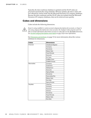 C H A P T E R   4    C U B E S



                                   Typically, the data warehouse database is updated and the OLAP cubes are
                                   processed automatically using schedules. Between updates, the data is static and
                                   isn’t affected by entries made into the Microsoft Dynamics GP company databases.
                                   Because the data warehouse and the OLAP cubes are isolated from the Microsoft
                                   Dynamics GP company databases, data can be retrieved more quickly.

                          Cubes and dimensions
                                   Cubes include the following dimensions.

                                   If you’re using modified or custom account category descriptions for accounts, or if you’re
                                   not using category descriptions for some accounts, the Analysis Cubes program won’t be
                                   able to include information about those accounts in cubes that use the Accounts dimension.
                                   See Account category descriptions must match on page 20 for more information.

                                   See Dimensions and attributes on page 31 for more information about the various
                                   attributes for dimensions.

                                    Cubes                        Dimensions
                                    Financial                    Checkbook Register
                                                                 Company
                                                                 Periodicity
                                                                 Master Date
                                                                 Fiscal Periods
                                                                 Accounts
                                                                 GL Trans
                                                                 GLMDA Trans
                                                                 GLMDA Groups
                                    Receivables                  Company
                                                                 Customers
                                                                 Salesperson
                                                                 Accounts
                                                                 Aging Details
                                                                 Periodicity
                                                                 Receivables Rev
                                                                 Master Date
                                                                 Due Date
                                                                 Aging Periods
                                    Payables                     Total Exp
                                                                 Company
                                                                 Accounts
                                                                 Vendors
                                                                 Periodicity
                                                                 Fiscal Periods
                                                                 Master Date
                                                                 Due Date




30   A N A LY S I S   C U B E S   (M I C R O S O F T   S Q L   S E R V ER      20 05 )
 