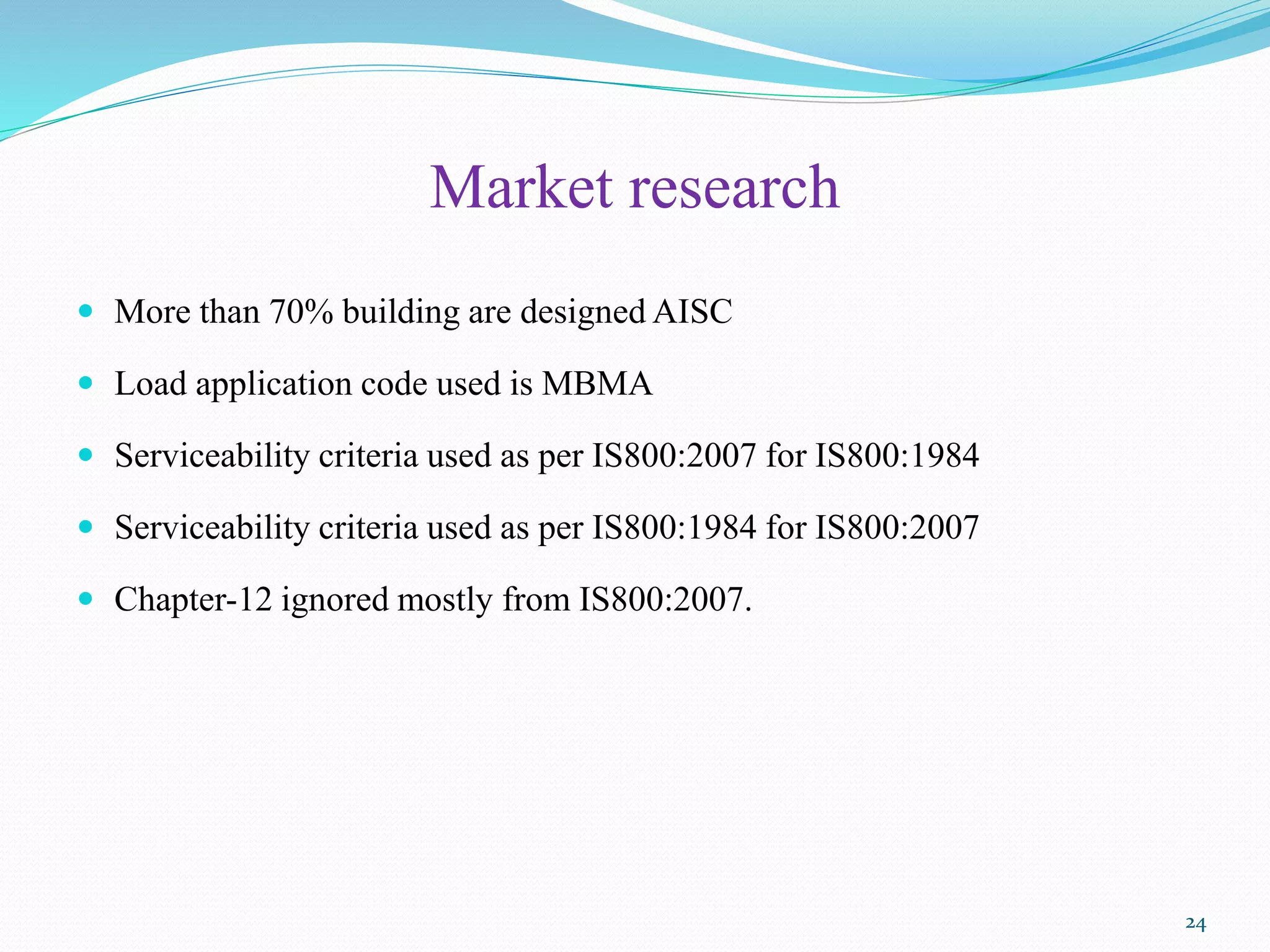 Market research
 More than 70% building are designed AISC
 Load application code used is MBMA
 Serviceability criteria used as per IS800:2007 for IS800:1984
 Serviceability criteria used as per IS800:1984 for IS800:2007
 Chapter-12 ignored mostly from IS800:2007.
24
 