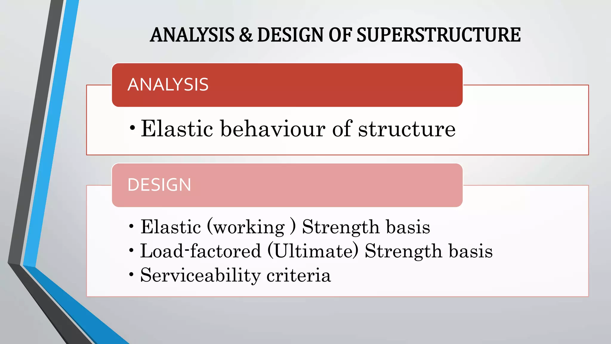 ANALYSIS & DESIGN OF SUPERSTRUCTURE
•Elastic behaviour of structure
ANALYSIS
•Elastic (working ) Strength basis
•Load-factored (Ultimate) Strength basis
•Serviceability criteria
DESIGN
 