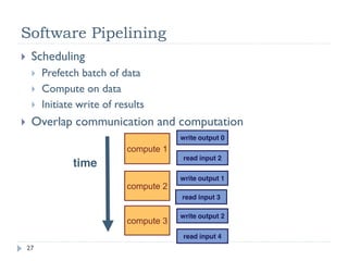 Case Study: Accesses in Flight
                 Continuing with the FD code
                     Throughput from both app and hw point of view is 66-‐67 GB/s
                     Now 30.84 out of 33.71 ms are due to mem
                     1024 concurrent threads per SM
                        Due to register count (24 per thread)
                        Simple copy kernel reaches ~80% of achievable mem throughput at this thread count
                 Solution: increase accesses per thread
                     Modified code so that each thread is responsible for 2 output points
                        Doubles the load and store count per thread, saves some indexing math
                        Doubles the tile size -‐> reduces bandwidth spent on halos
                     Further 25% increase in performance
                        App and HW throughputs are now 82 and 84 GB/s, respectively


                                                                                                            27
© NVIDIA 2010
 