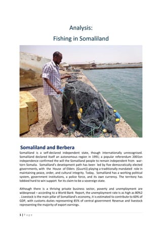 1 | P a g e
Analysis:
Fishing in Somaliland
Somaliland and Berbera
Somaliland is a self-declared independent state, though internationally unrecognised.
Somaliland declared itself an autonomous region in 1991; a popular referendum 2001on
independence confirmed the will the Somaliland people to remain independent from war-
torn Somalia. Somaliland’s development path has been led by five democratically elected
governments, with the House of Elders (Guurti)) playing a traditionally mandated role in
maintaining peace, order, and cultural integrity. Today, Somaliland has a working political
system, government institutions, a police force, and its own currency. The territory has
lobbied hard to win support for its claim to be a sovereign state.
Although there is a thriving private business sector, poverty and unemployment are
widespread – according to a World Bank Report, the unemployment rate Is as high as 80%2
. Livestock is the main pillar of Somaliland’s economy, it is estimated to contribute to 60% of
GDP, with customs duties representing 85% of central government Revenue and livestock
representing the majority of export earnings.
 