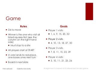 Game
Rules
 D6 to move
 Winner is the one who visit all
listed squares first (see the
column on the right hand
side)
 Must stop to a site
 All players start at START
 In one lands to red place,
one looses ones next turn
 Board in next slide
Goals
 Player 1 visits
 1, 6, 9, 15, 20, 32
 Player 2 visits
 4, 10, 13, 18, 27, 30
 Player 3 visits
 7, 8, 11, 15, 22, 29
 Player 4 visits
 5, 10, 11, 21, 23, 26
Petri Lankoski Södertörn University Assignment is based on Korkeasaari board game
 