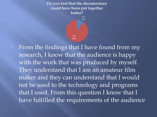    From the findings that I have found from my
    research, I know that the audience is happy
    with the work that was produced by myself.
    They understand that I am an amateur film
    maker and they can understand that I would
    not be used to the technology and programs
    that I used. From this question I know that I
    have fulfilled the requirements of the audience
 